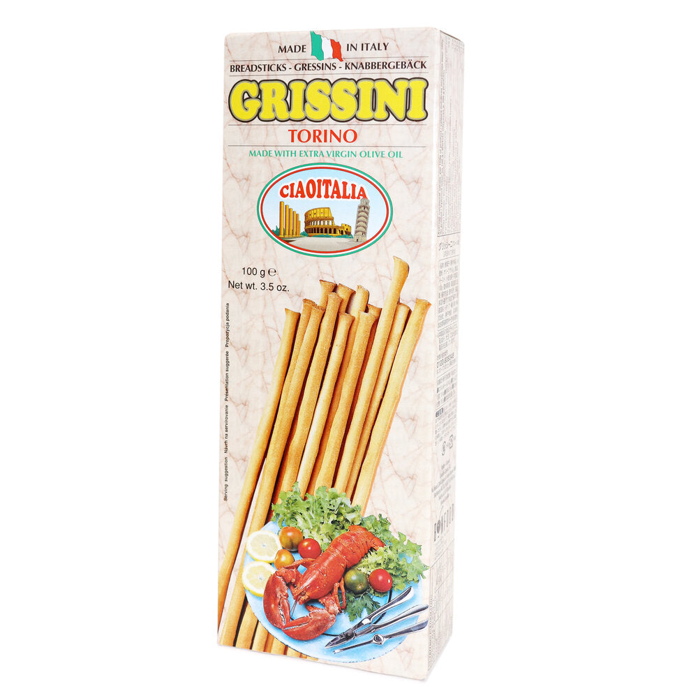 A 100g box of Grisshini Torino breadsticks, featuring a cream-colored marble-textured background with illustrations of golden-brown breadsticks and a seafood platter. Italian Grissini