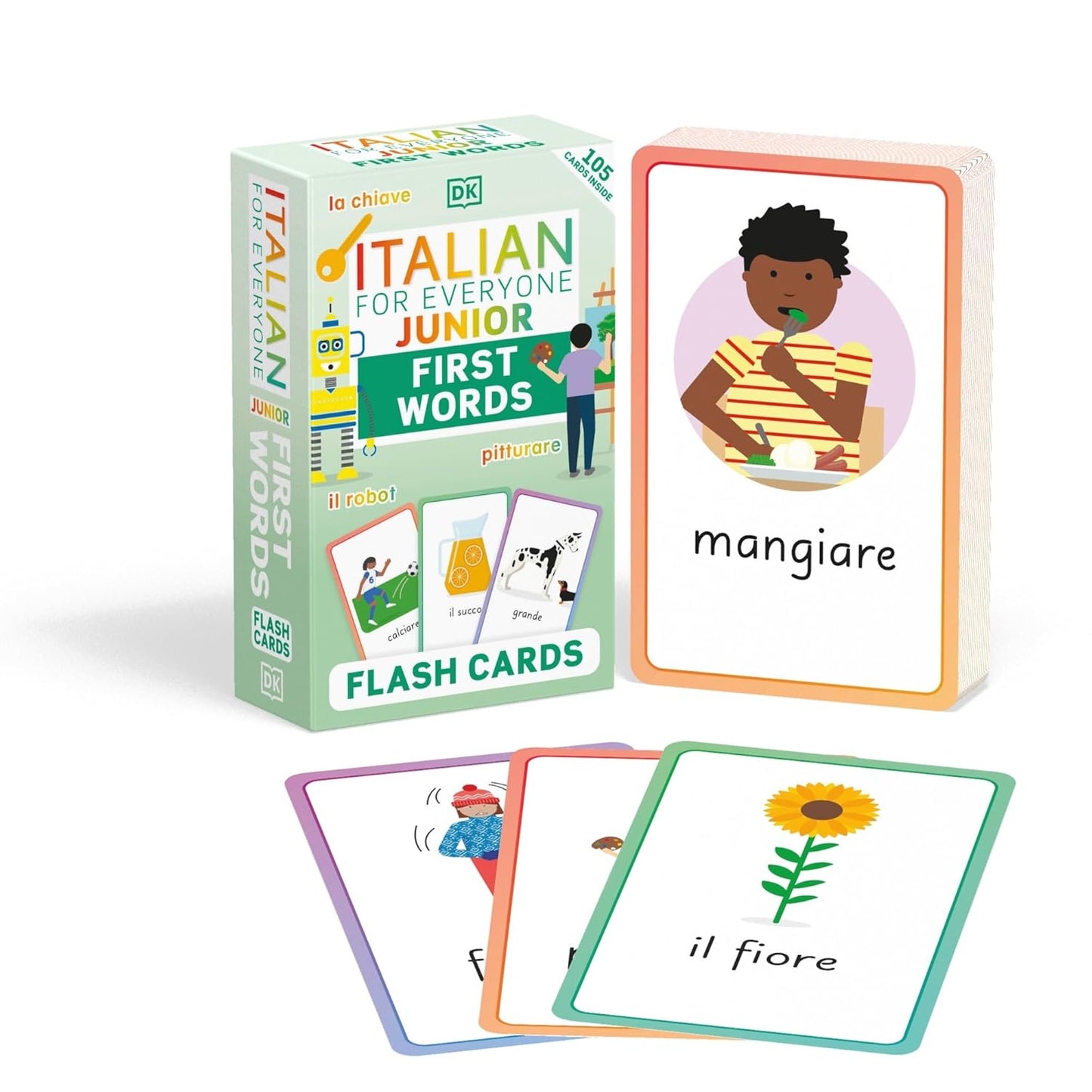 Flash card set with Italian vocabulary cards and a box labeled 'Italian for Everyone Junior First Words'.