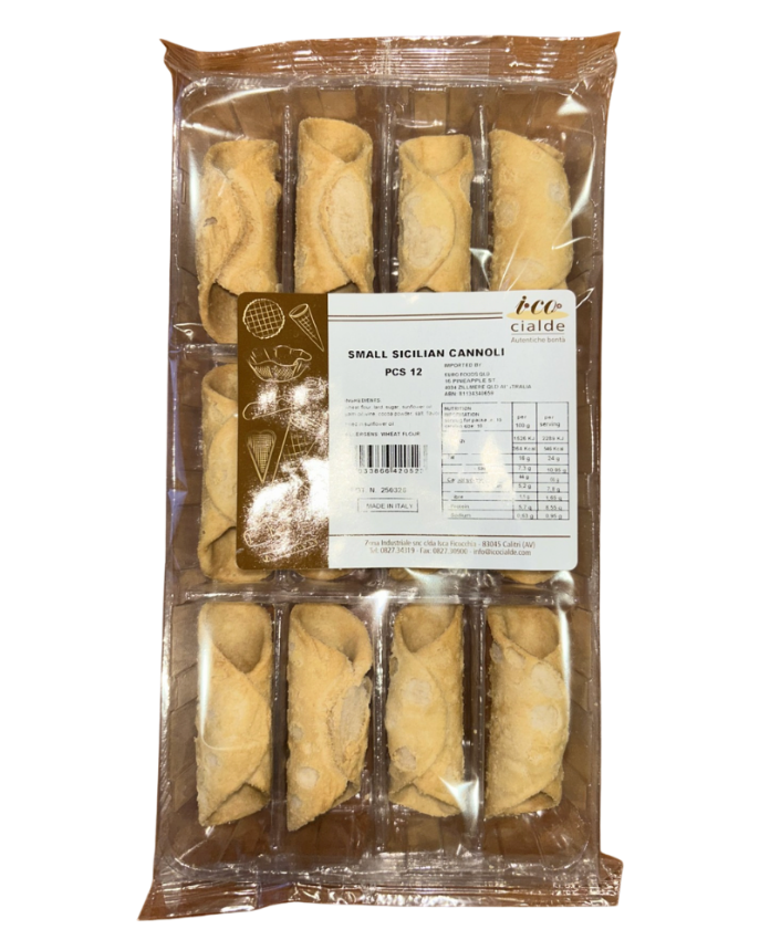 Packaged cannoli with a label on a white background. Italian Cannoli shell