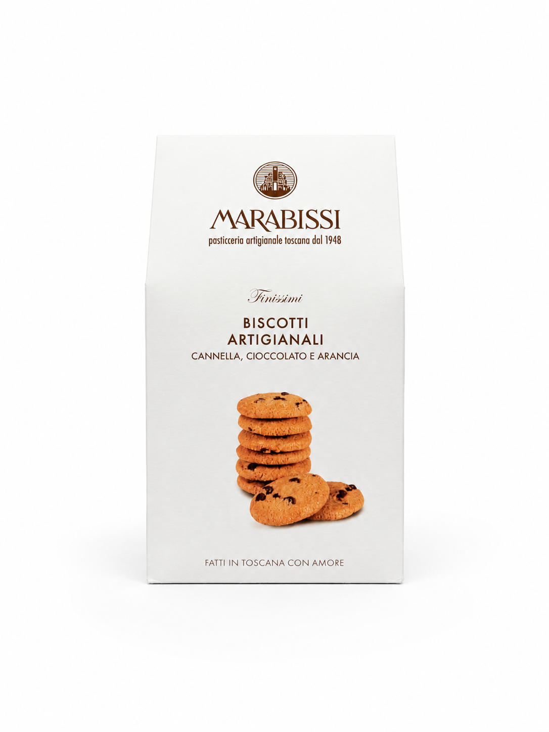 A white stand-up package of Marabissi biscotti artigianali cookies, featuring a stack of golden-brown cookies on the front, photographed against a clean white background. Italian gourmet biscuits australia wide delivered