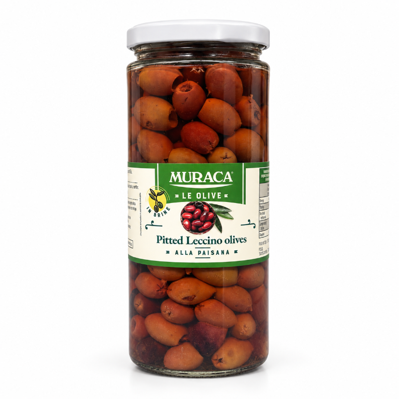 A glass jar of Muraca Le Olive Pitted Leccino olives with a white lid and a green and white label, set against a plain white background.
