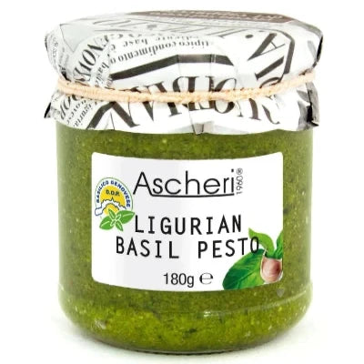 Jar of Ascheri Ligurian Basil Pesto with a white label on a white background. Italian pesto
