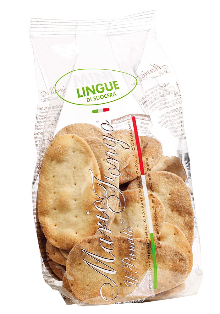 Packaged cookies with 'Lingue di Suocera' branding . Italian bread 