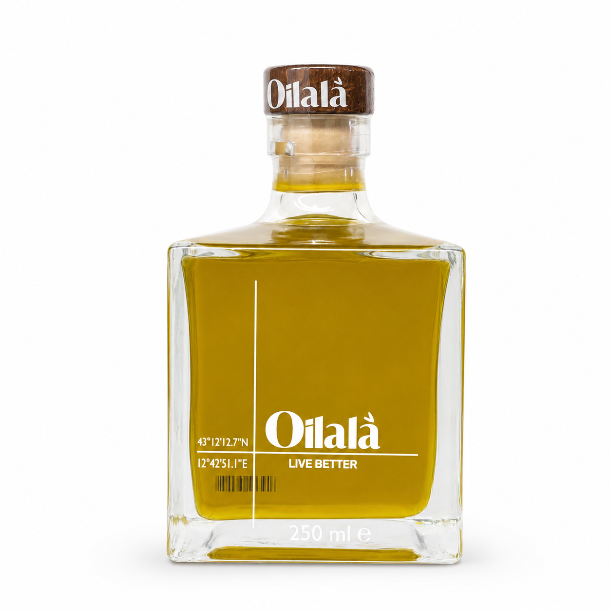 A 250 ml glass bottle of Oilà olive oil with a brown cap, featuring a clear square bottle showcasing the golden-yellow oil inside, set against a plain white background.