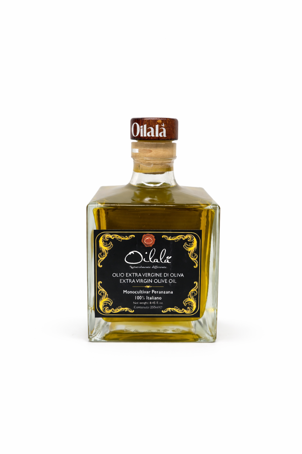 Bottle of olive oil with a label on a white background. Italian Olive oil
