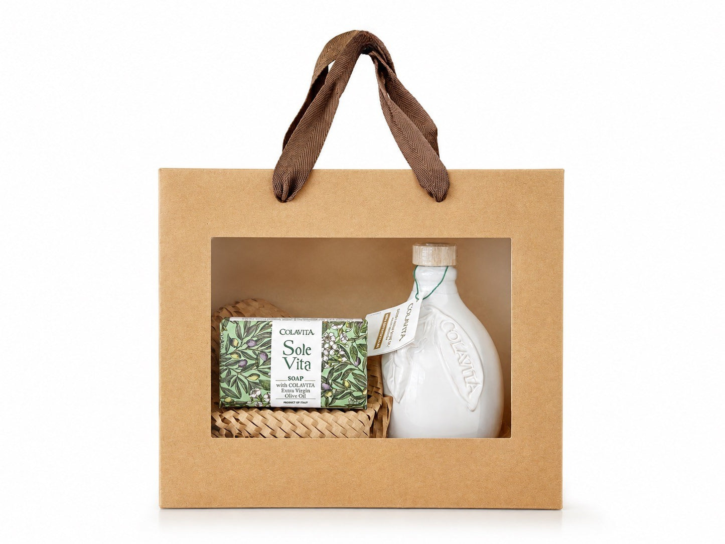 Gift set with a bottle and soap in a brown box on a white background