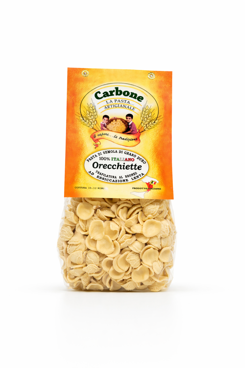Bag of Carbone pasta with a visible brand label on a white background