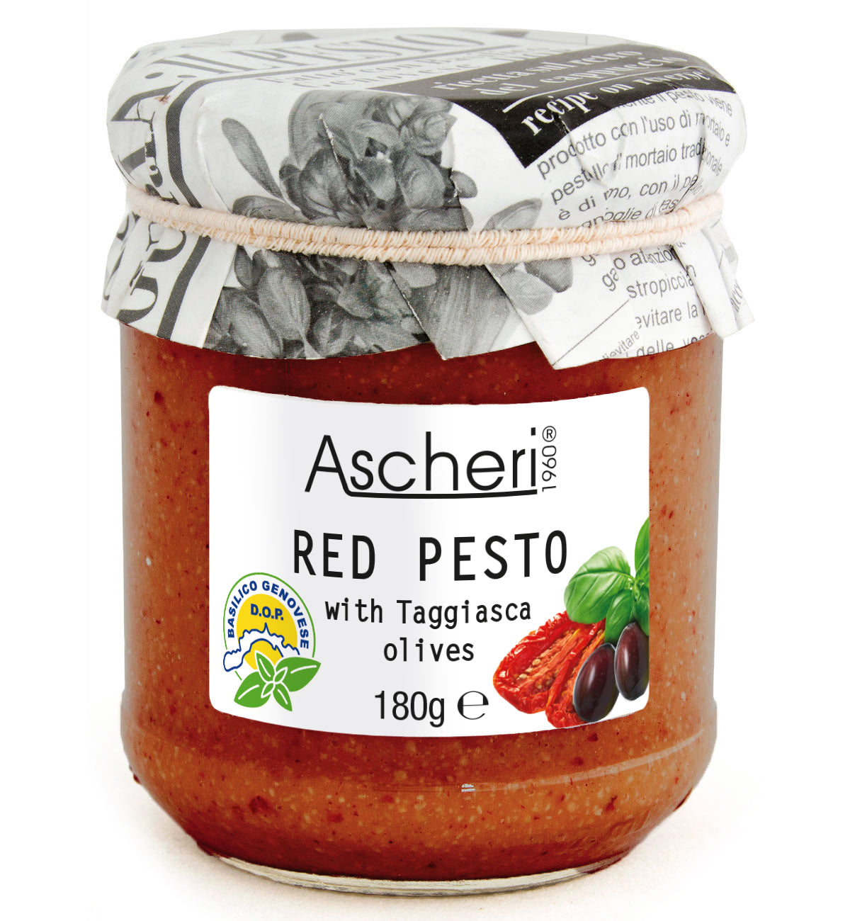 Jar of Ascheri Red Pesto with Taggiasca Olives on a white background. Italian red pesto