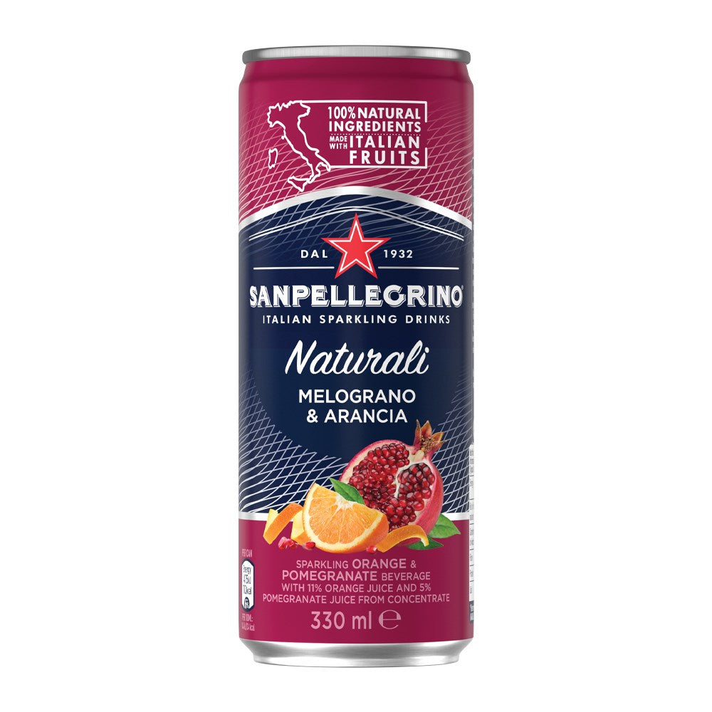 Sanpellegrino can of Italian sparkling drink with pomegranate and orange flavor on a white background