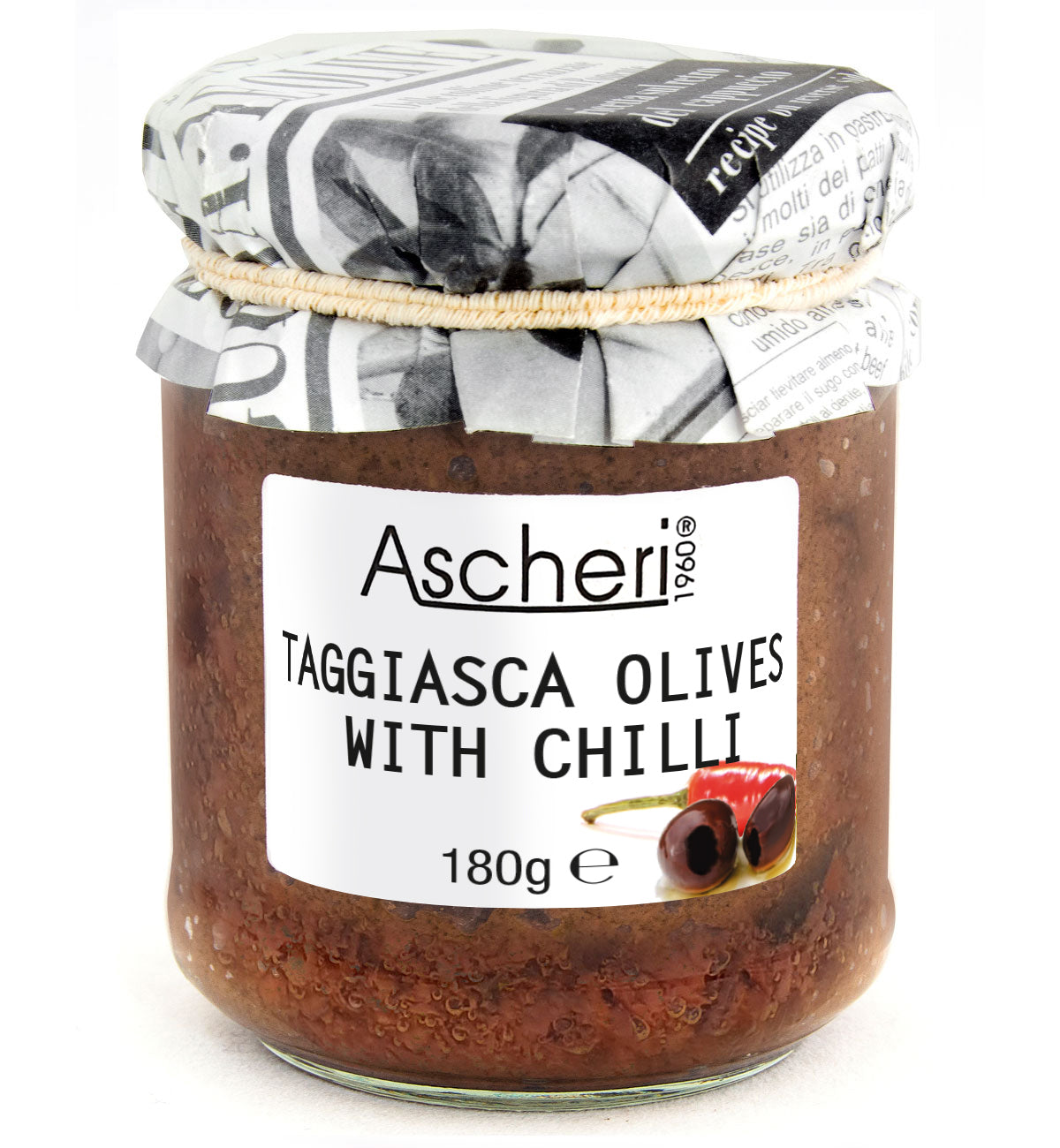 Jar of Ascheri Taggiasca Olives with Chilli on a white background